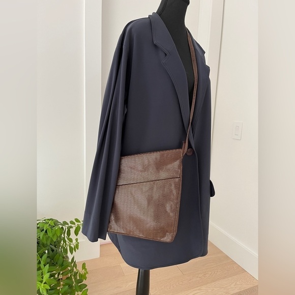 ARNOLD CHURGIN Brown Faux Leather Asymmetric Cross Body Bag Tweed Pattern - Picture 3 of 14